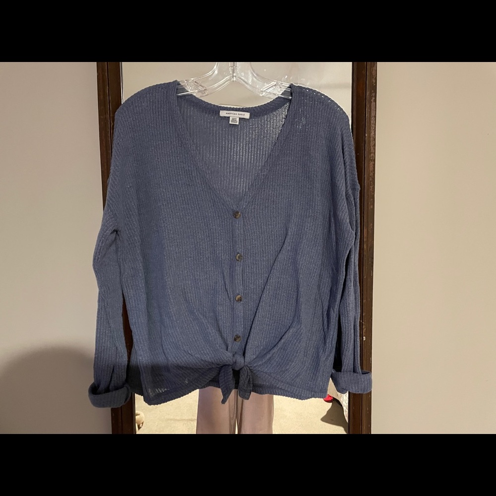 blue ae tie-front sweater